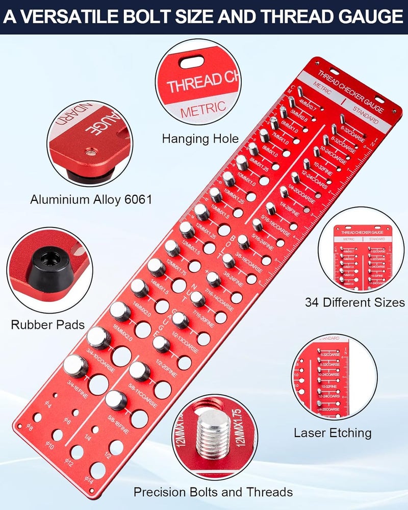 Clatoon Thread Checker, 42 Nut and Bolt Thread Checker, Thread Gauge Solid Bolts with 19 Standard and 15 Metric, identibolt 8 Drill Bit Gauge, Heavy-Duty Bolt and Nut Identifier Gauge - Image 4